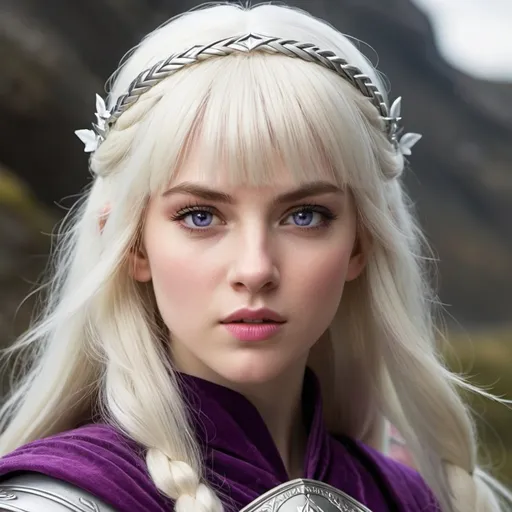 Prompt: hyper-realistic, Pale skin. white hair, violet eyes.. Princess. Hooked nose. Warrior, angry. Has a fringe, has bangs, plaited hair