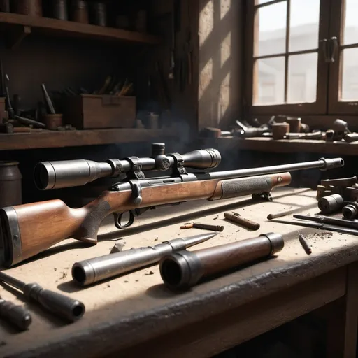 Prompt: (bir adam silahlarını temizliyor), photorealistic, capturing intense focus, detailed textures on weapons, dusty workshop environment, natural light filtering through a workshop window, mood of concentration and diligence, highly detailed, cinematic depth, contrasting shadows and highlights, illustrative and realistic perspective, 4K quality.