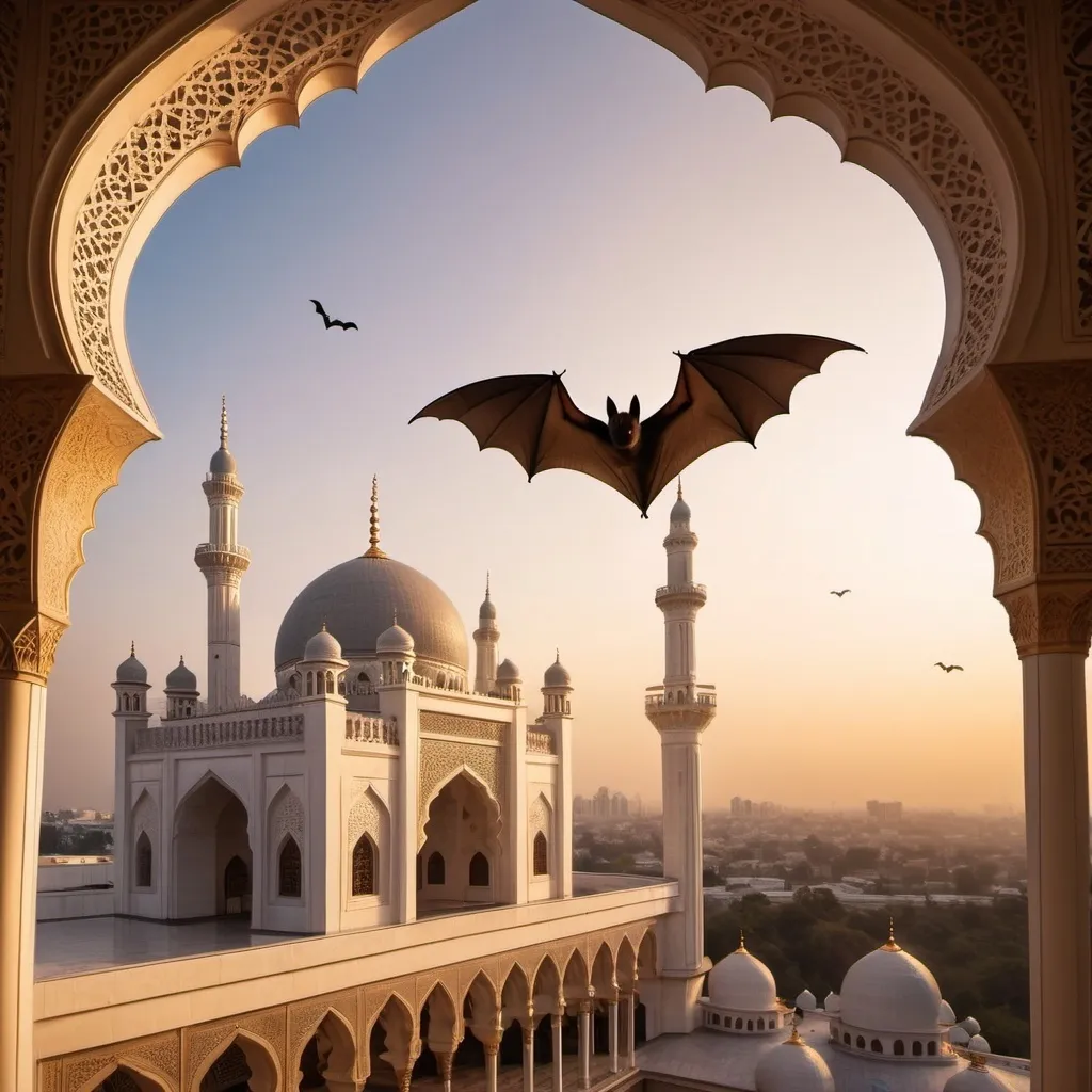 Prompt: (A stunning bat) gracefully flying above a (magnificent mosque), showcasing a beautiful pose, intricate architectural details, arched windows, and decorative elements. The scene captured during twilight, with (golden hues) from the sunset illuminating both the bat and the mosque, creating a serene atmosphere. (Ultra-detailed), (high-quality), harmonious blend of nature and culture.