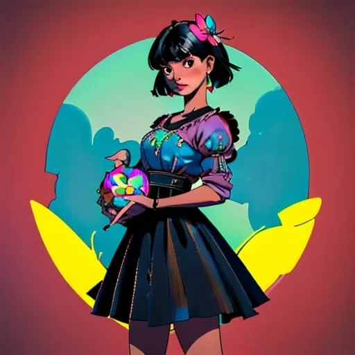 Prompt: Colorful, magical realism photo of a Cuban girl with black short hair. Symbol of having two identities, American and Cuban. Draw guaba fruit in pop art style as background. Draw the girl in steam punk clothes holding a butterfly with both hands. Her bangs are pink. She is wearing a flowy simple dress and she's not wearing shoes. She has big hoop lotus flower earrings and her nails are black. 
