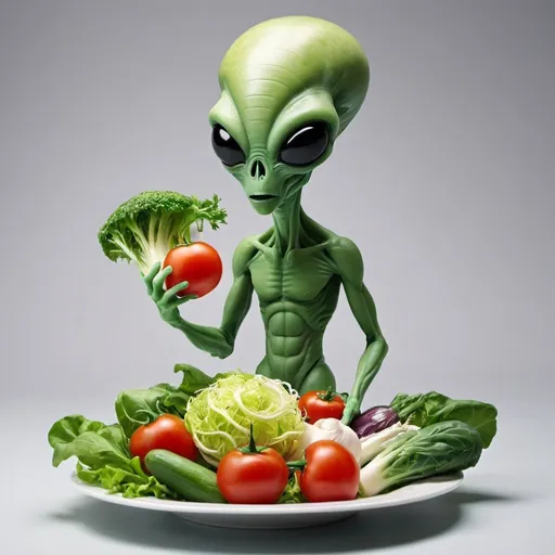Prompt: an alien in the form of various vegetables who steals salad