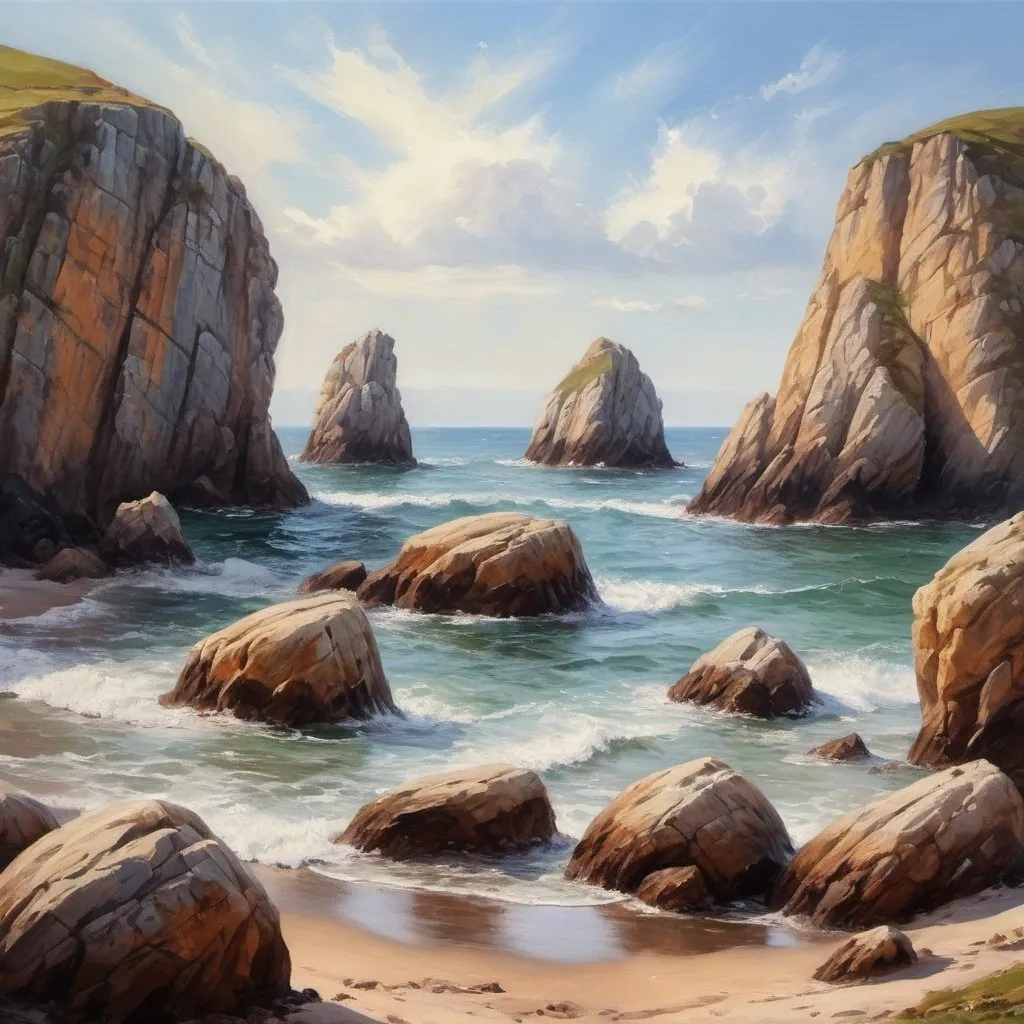 Prompt: rocks near a seaside, oil painting style