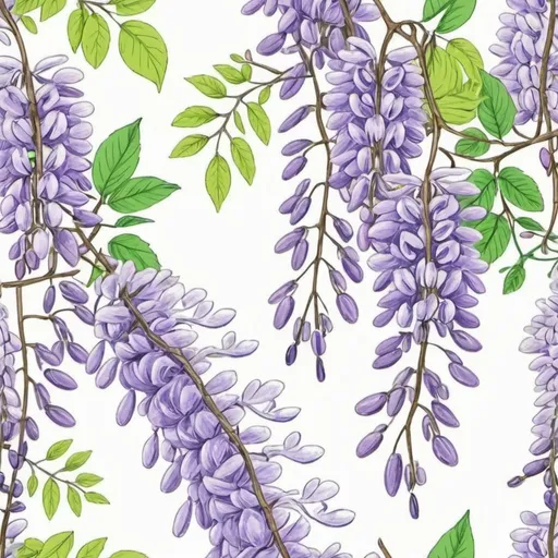 Prompt: wisteria flower and leaves seamless pattern simplified  pencil drawing 
