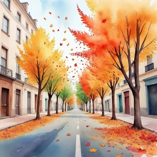 Prompt: falling colorful leaves from trees in a street, watercolor style