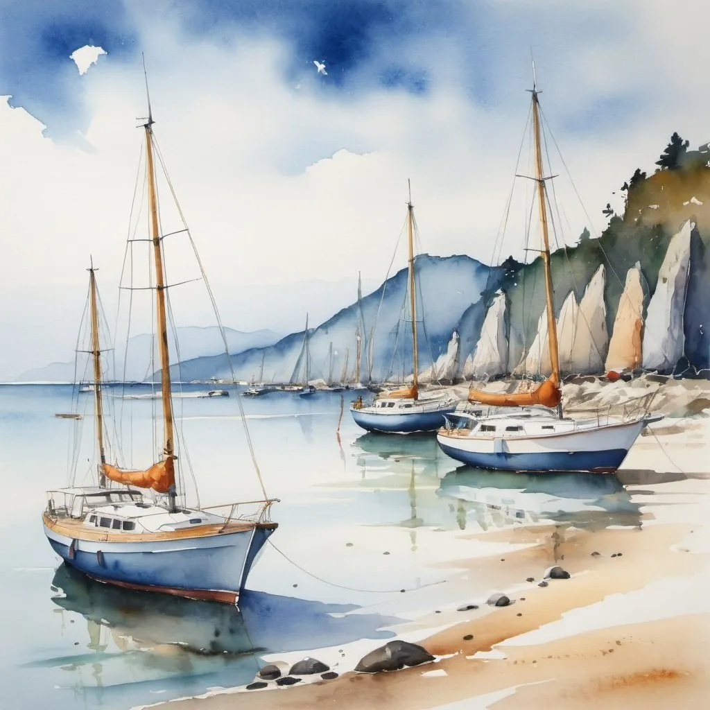 Prompt: yachts on seashore Nozen watercolor
