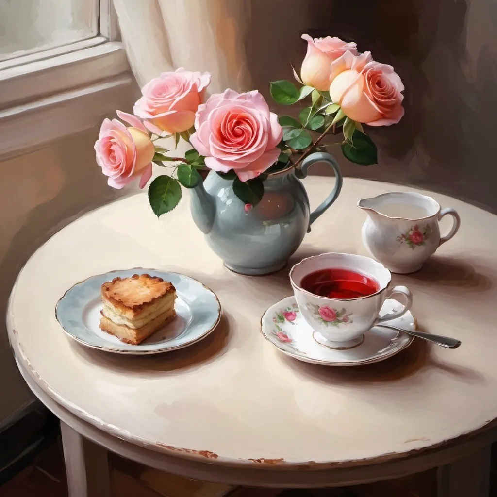Prompt: oil painting style, teatime on a table with one rose flower