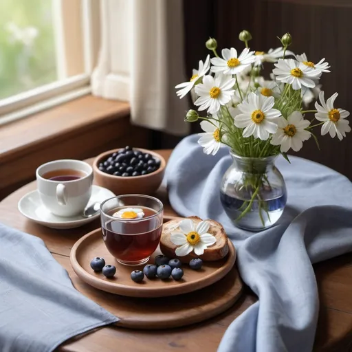 Prompt: A pot and cup of English breakfast tea on a wooden table covered with an elegant tablecloth in a cozy atmosphere, next to a clear glass vase with white cosmos and blueberries in a wooden bowl.