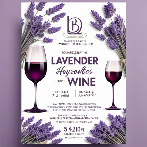 Prompt: (biodynamic lavender hydrolates event flyer), elegant and sophisticated design, features luxurious floral elements, bold rustic typography, warm earthy color palette, ambient lighting, high-quality graphic elements showcasing wine tasting and gourmet dinner, inviting atmosphere, modern layout, vibrant images of lavender and wine glasses, ideal for a botanical and culinary celebration, ultra-detailed, 4K quality.