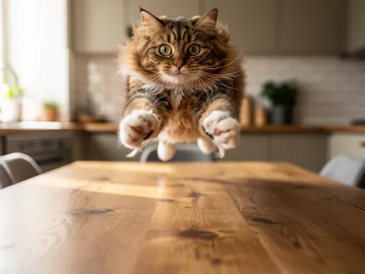 Prompt: a cat glidng onto a table
