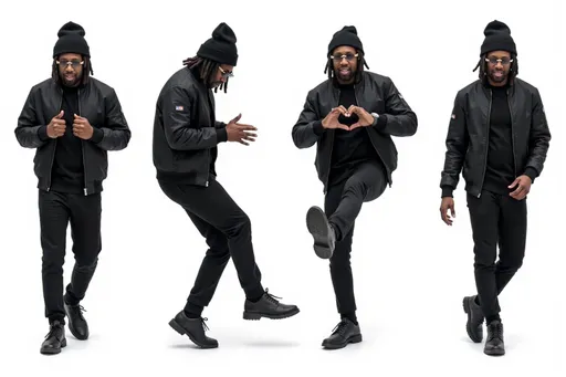 Prompt: photorealistic adult male 678482e3 with black beanie, sunglasses, black bomber jacket, black pants, black shoes, short dreadlocks Multiple instances of the same character in different poses on a white background. The character is shown: Dancing: mid-dance move, arms and legs in rhythmic motion, joyful expression. Making a heart shape: hands forming a heart shape in front of the chest, warm smile. Kicking: one leg extended in a kicking motion, arms for balance, determined look. Walking: mid-stride, one foot in front of the other, natural arm swing, casual pose. Background: Clean white background, providing a pristine backdrop. Ample space between poses. Character design consistent across all poses. Arrange poses in a visually pleasing composition across the image.