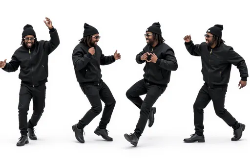Prompt: photorealistic adult male 678482e3 with black beanie, sunglasses, black bomber jacket, black pants, black shoes, short dreadlocks Multiple instances of the same character in different poses on a white background. The character is shown: Dancing: mid-dance move, arms and legs in rhythmic motion, joyful expression. Making a heart shape: hands forming a heart shape in front of the chest, warm smile. Kicking: one leg extended in a kicking motion, arms for balance, determined look. Walking: mid-stride, one foot in front of the other, natural arm swing, casual pose. Background: Clean white background, providing a pristine backdrop. Ample space between poses. Character design consistent across all poses. Arrange poses in a visually pleasing composition across the image.