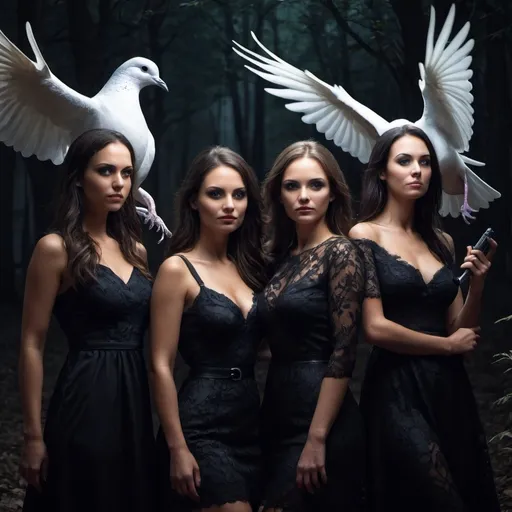 Prompt: Create an image with 4 females who are hunting monsters. The go by the name Night Doves
