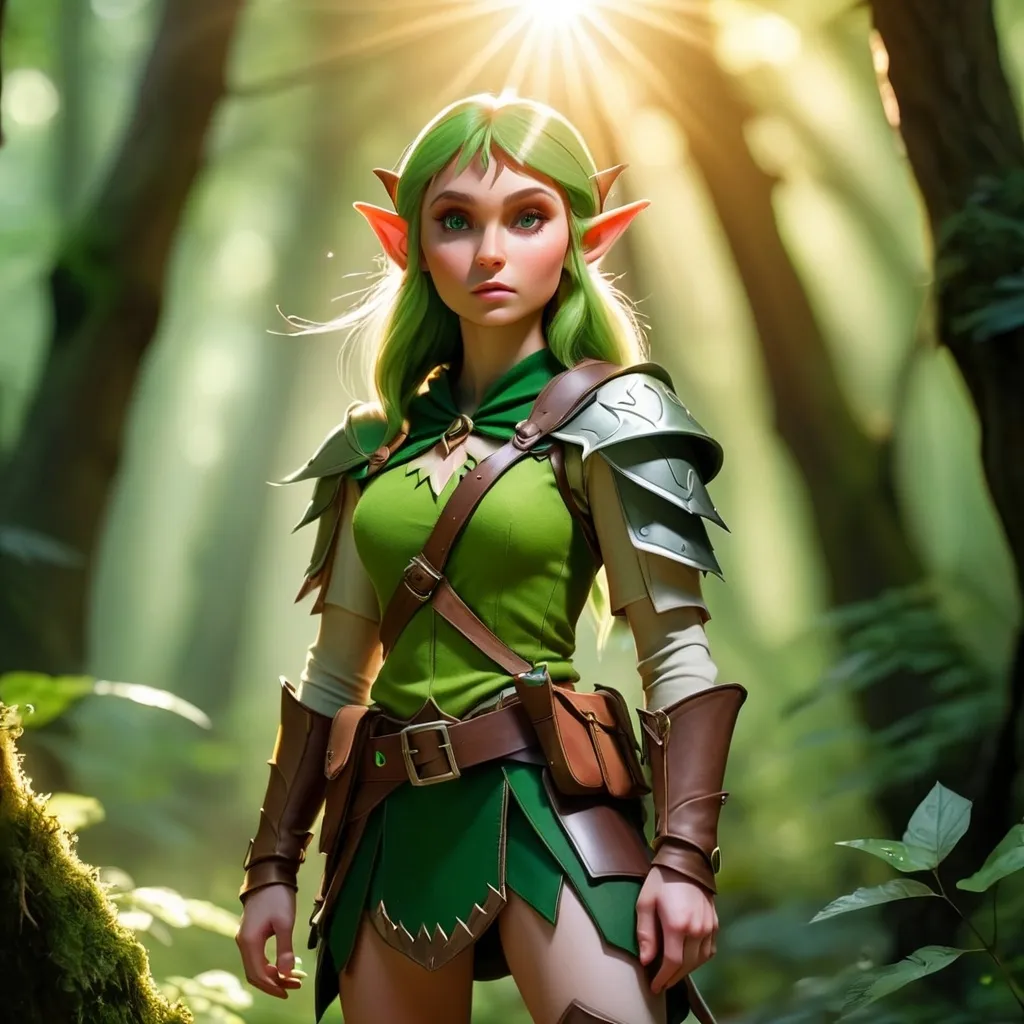 Prompt: Elf ranger in a mystical forest around sunlight