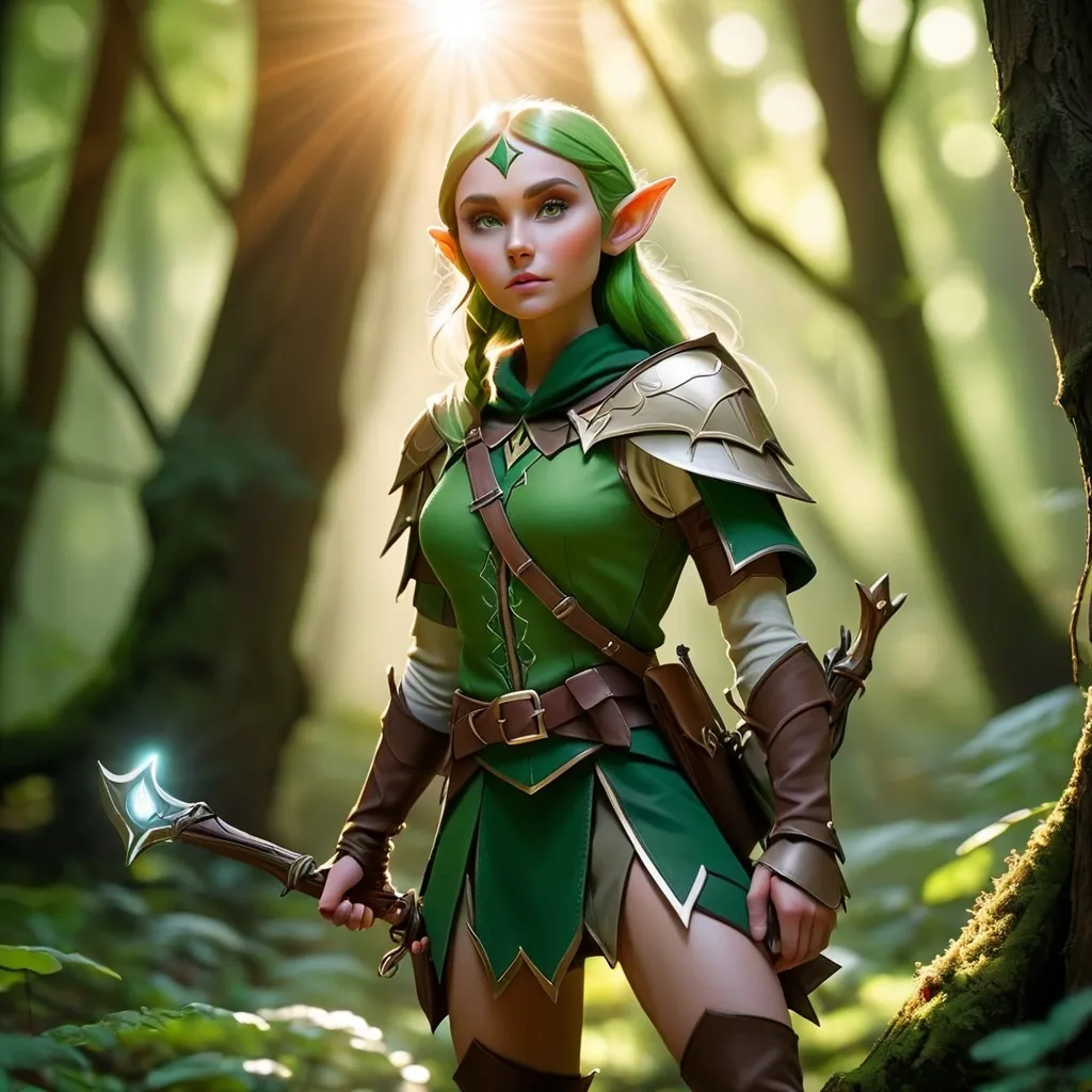 Prompt: Elf ranger in a mystical forest around sunlight