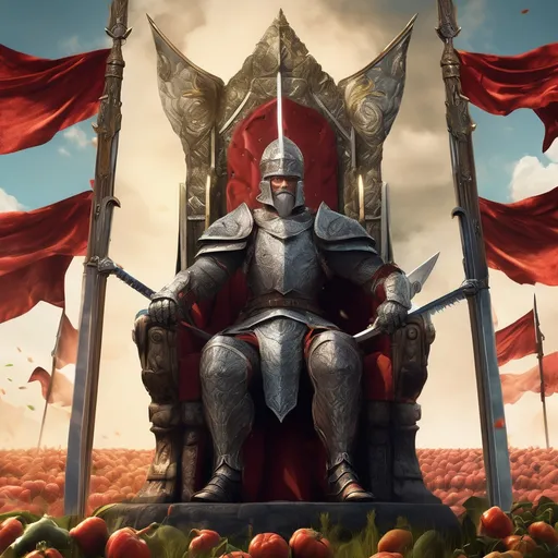 Prompt: An imposing warrior seated on an ornate throne, wearing intricate armor, with a fierce expression and a majestic backdrop of banners and swords posters. standing on enormous vegetable field, style concept arts