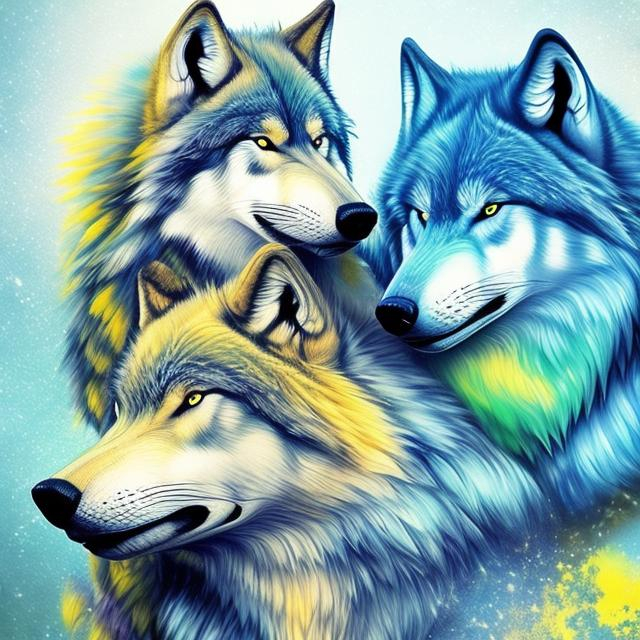 Prompt: Realistic Majestic fantasy wolf blue's Green's yellow's 