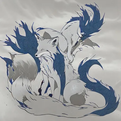 Prompt: 9 tail kitsuni style fox silver black blue