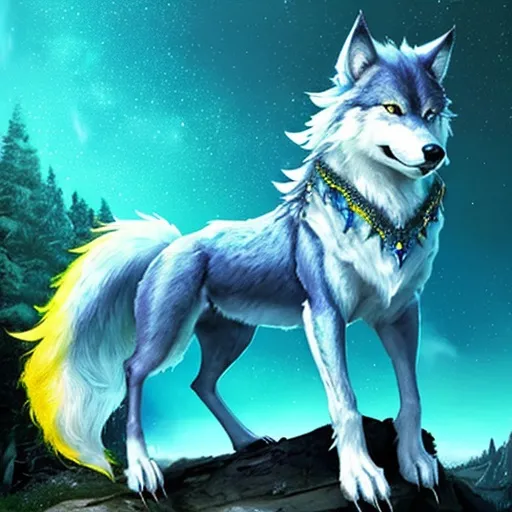 Prompt: Realistic Majestic fantasy wolf blue's Green's yellow's 