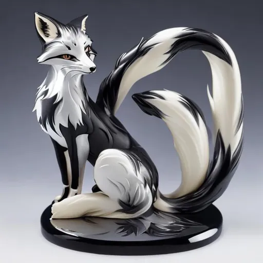 Prompt: 9 tail kitsuni style fox silver black blue