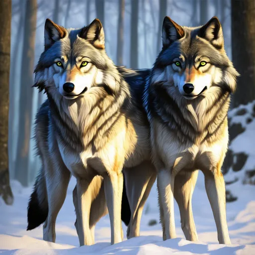 Prompt: Realistic Majestic fantasy wolf blue's Green's yellow's 