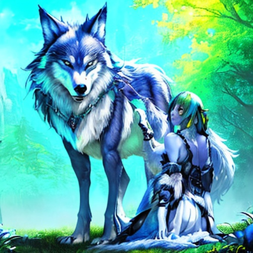 Prompt: Realistic Majestic fantasy wolf blue's Green's yellow's 