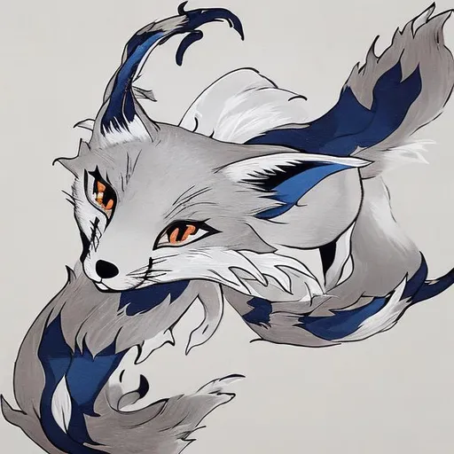 Prompt: 9 tail kitsuni style fox silver black blue 