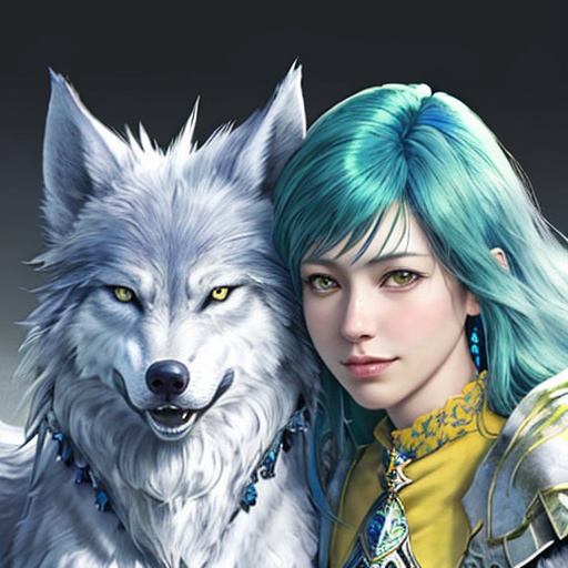 Prompt: Realistic Majestic fantasy wolf blue's Green's yellow's 