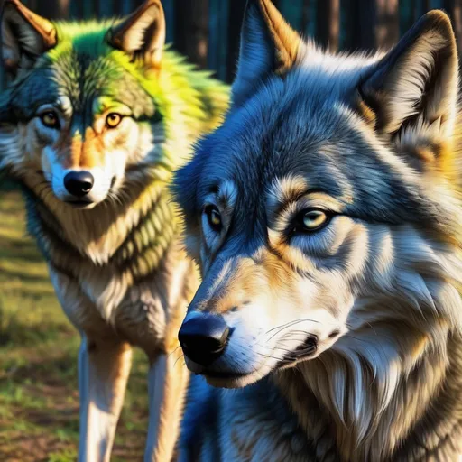 Prompt: Realistic Majestic fantasy wolf blue's Green's yellow's 