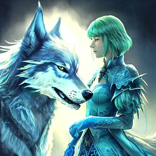 Prompt: Realistic Majestic fantasy wolf blue's Green's yellow's 