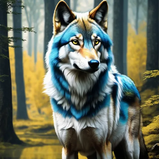 Prompt: Realistic Majestic fantasy wolf blue's Green's yellow's 