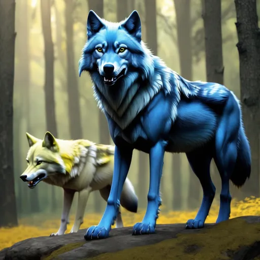 Prompt: Realistic Majestic fantasy wolf blue's Green's yellow's 