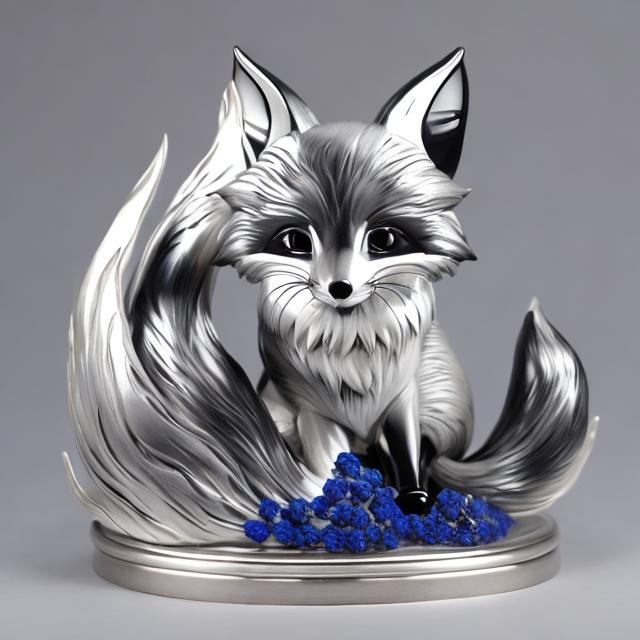 Prompt: 9 tail kitsuni style fox silver black blue