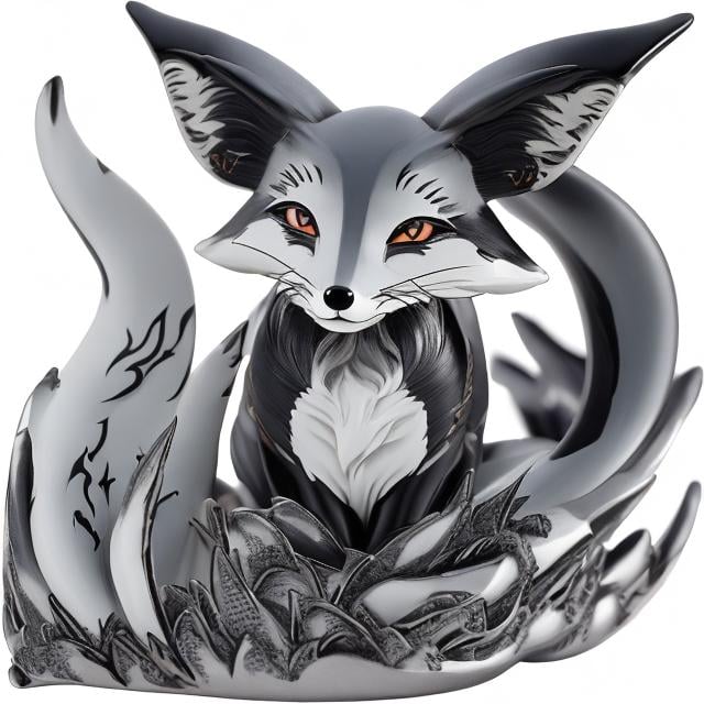 Prompt: 9 tail kitsuni style fox silver black blue 