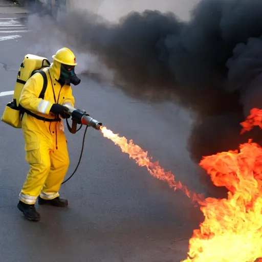 Prompt: hazmat man using flamethrower