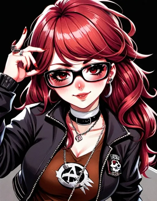Prompt: Top View, Tabletop Token, Ordem Paranormal, a girl with long red hair wearing sunglasses sunglasses and a jacket, jewelry, solo, red hair, multicolored hair, white hair, 1girl, long hair, sunglasses, jacket, choker, piercing, black boots