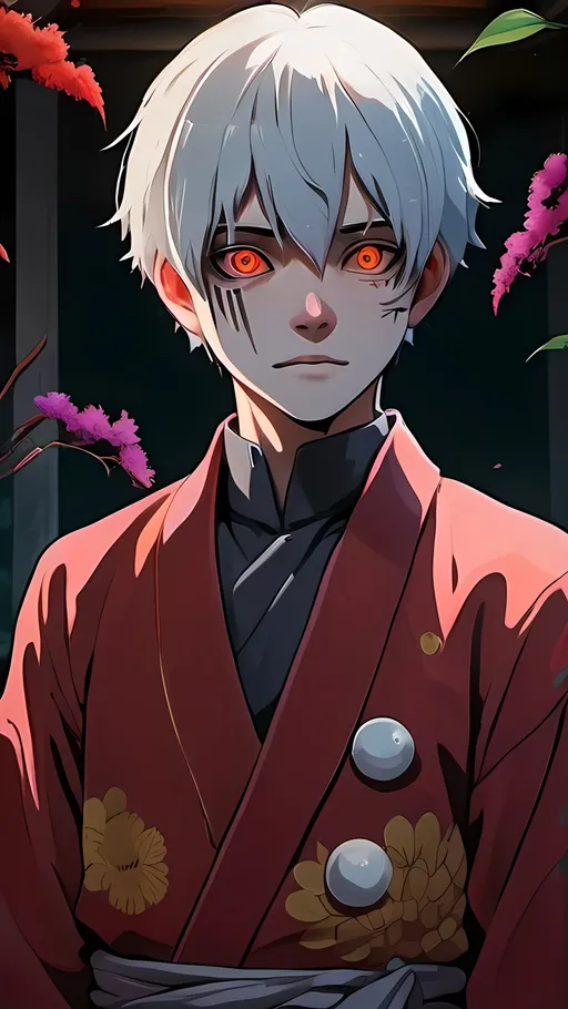 Prompt: Kaneki in Studio Ghibli style, vibrant colors, detailed clothing, mystical aura, traditional Japanese setting, anime, highres, detailed, vibrant colors, Studio Ghibli, traditional, mystical, detailed clothing, anime, elegant, atmospheric lighting