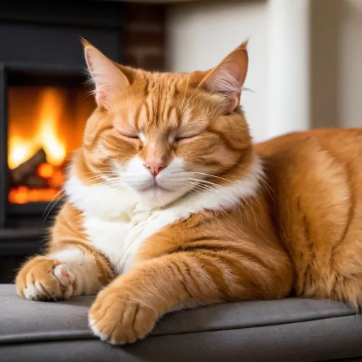Prompt: An orange cat with closed eyes, lying on a sofa, purring, with a fireplace behind, but only 1 cat!