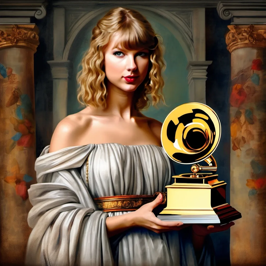 Prompt: a painted portrait of taylor swift in a toga holding a grammy in Renaissance painter da vinci's style, concert in the background