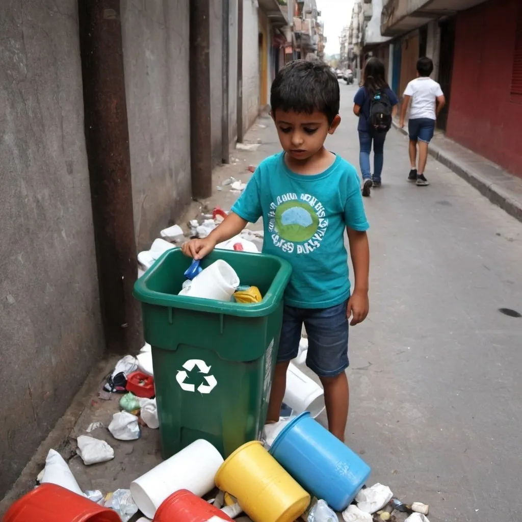 Prompt: Btl con niños donde se le explica el uso de la basura y el reclaje