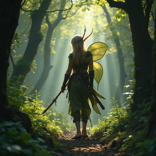 Prompt: Elf ranger in a mystical forest around sunlight