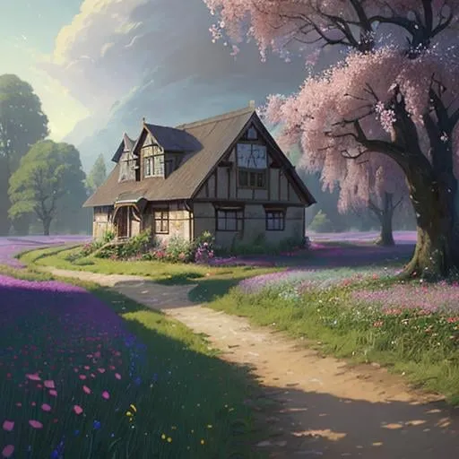 Prompt: a painting of a house in the middle of a field of flowers and trees with a pathway leading to it, Evgeny Lushpin, arts and crafts movement, kinkade, a detailed matte painting