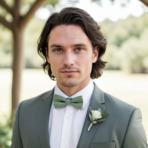 Prompt: Photo realistic image of a man with medium length wavy dark brown (almost black) hair in a medium grey tuxedo white shirt and chiffon eucalyptus green bowtie for wedding setting 