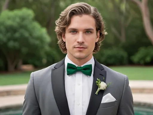 Prompt: Photo realistic image of a man with medium length wavy hair in a medium grey tuxedo white shirt and green bowtie for wedding setting 