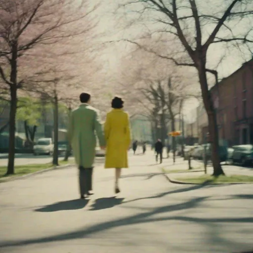 Prompt: The film camera texture is a fresh and lonely spring color, adding motion as a man and a woman pass by