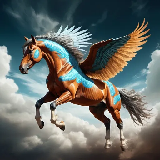 Prompt: Flying warhorse in mid-air, mythical and majestic, digital painting, epic wingspan, dynamic stance, atmospheric lighting, high quality, detailed feathers, heroic fantasy, dramatic sky, powerful and intense, intense and vibrant colors