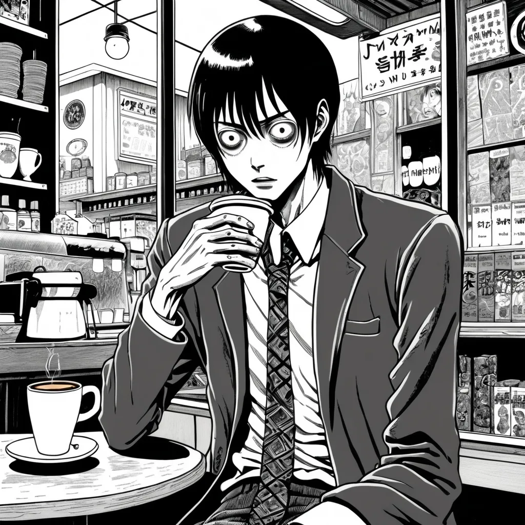 Prompt: <mymodel> Junji Ito manga style, man in coffee shop, manga scene