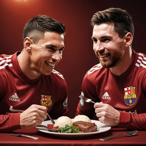 Prompt: (photorealistic) Christian Ronaldo and Messi sharing a plate, a moment of camaraderie, both athletes smiling, enjoying their meal, classic red background, warm and inviting ambiance, emphasizing their friendship, textured details, high contrast, ultra-detailed, cinematic lighting, capturing the essence of sportsmanship.