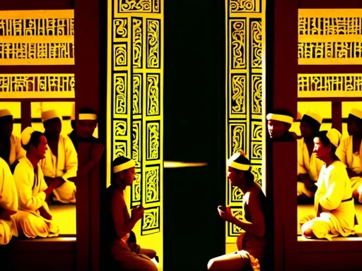 Prompt: 10 ancient traditional people sitting in between temple doors