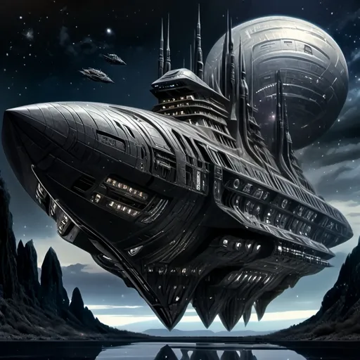 Prompt: (realism style), (dark color scheme), a haunting spaceship design inspired by chilling cosmic themes, intricate details in metallic surfaces, an ominous, gloomy atmosphere enveloping the vessel, deep shadows accentuating looming shapes, starlit backdrop emphasizing isolation, expertly crafted reflections depicting an inner tension, ethereal light seeping through small openings, ultra-detailed, high-definition quality.