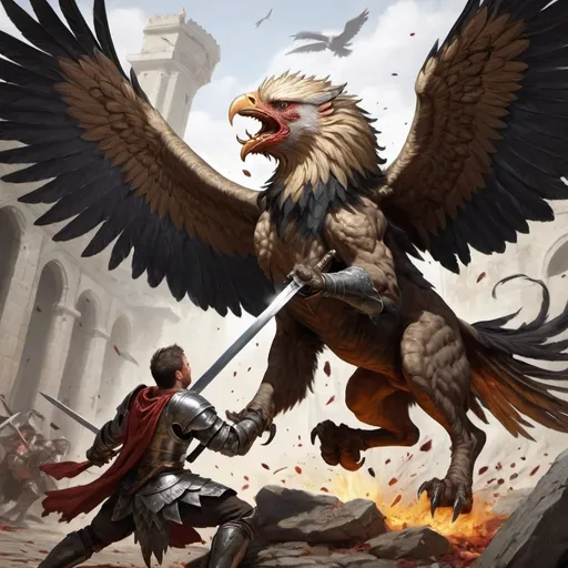 Prompt: a human warrior with sword strikes a fatal blow to a huge griffon